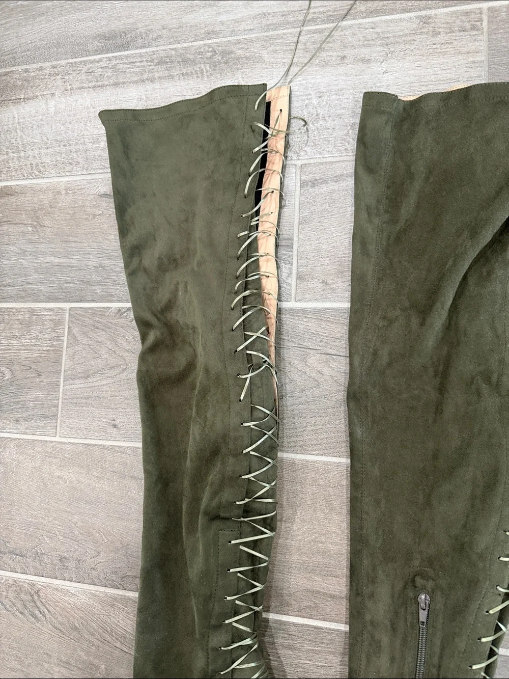 Chase + Chloe Olive Suede Over-the-Knee Lace-Up Block Heel Boots